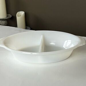 Anchorwhite Fire King by Anchor Hocking oval divided casserole dish, ovenware